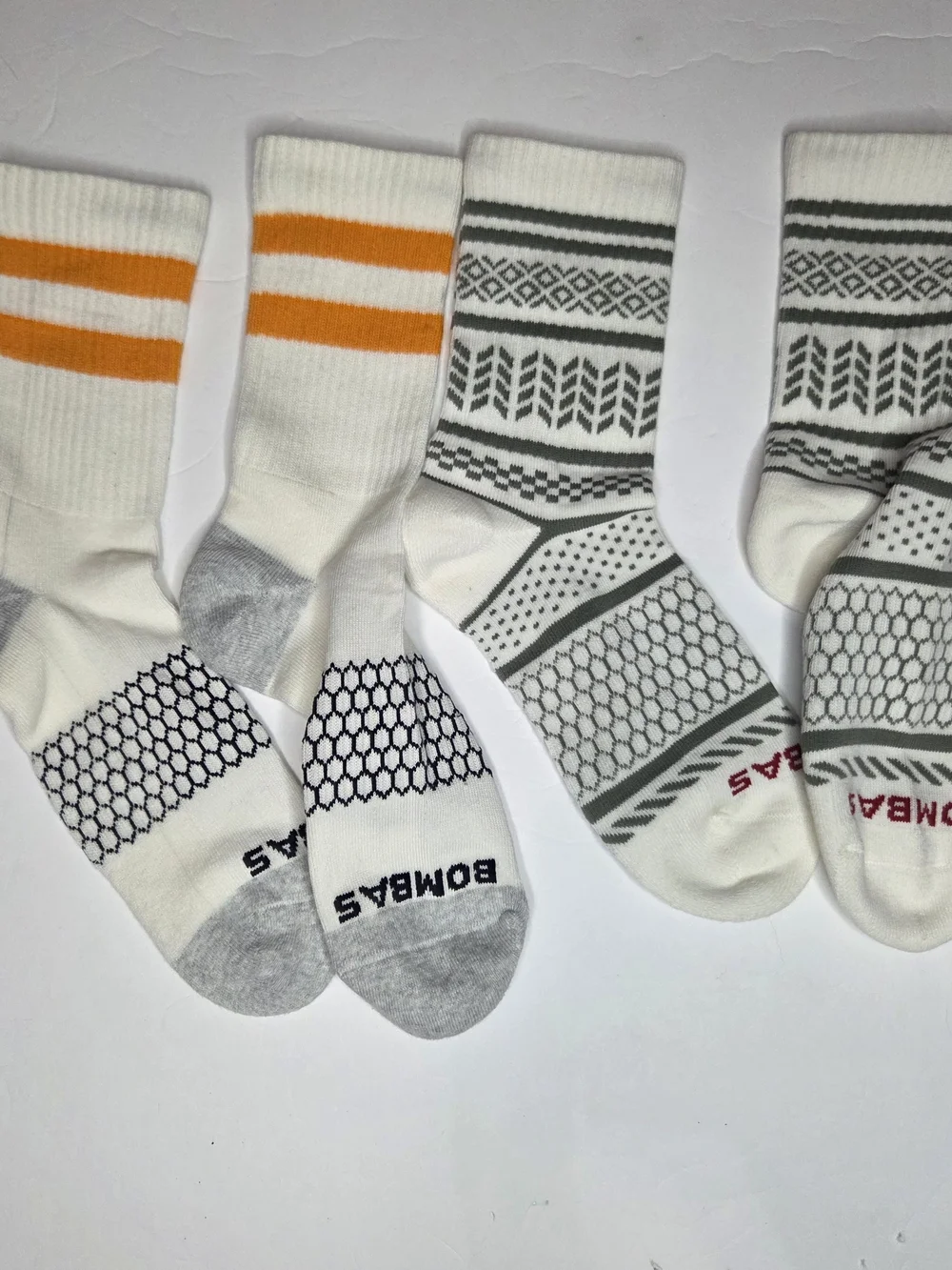 Womens White Crew Bomba Socks with Orange Stripes & Gray Pattern